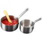 Two stainless steel mini sauce pots with loop handles, each with red sauce