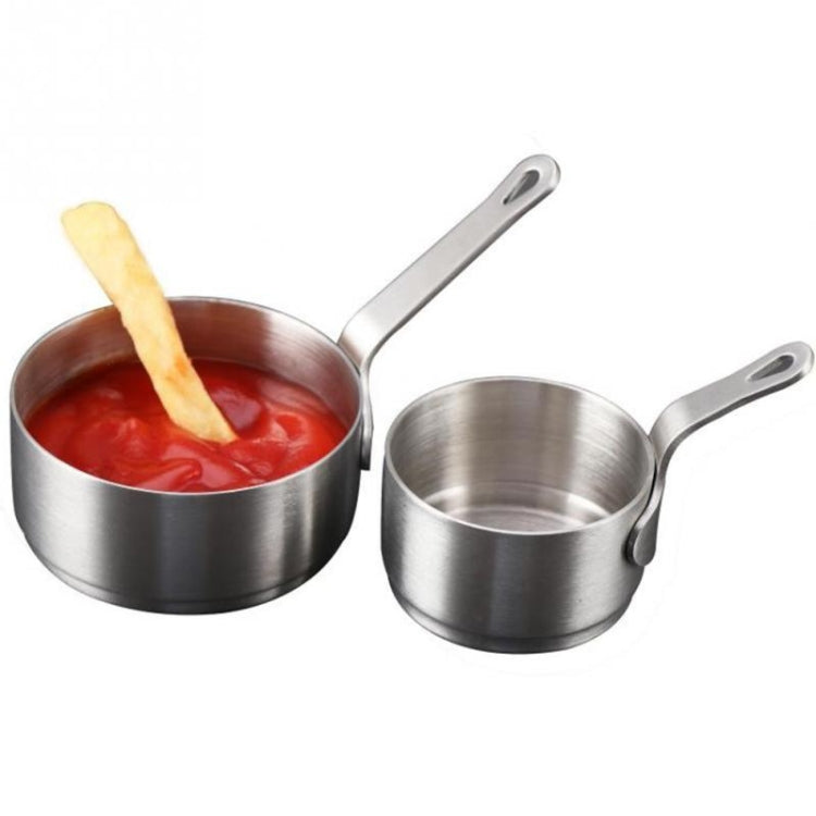 Two stainless steel mini sauce pots with loop handles, each with red sauce