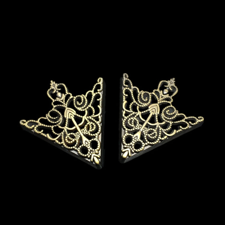 Gold triangular collar buckles with hollow filigree pattern and decorative center pin