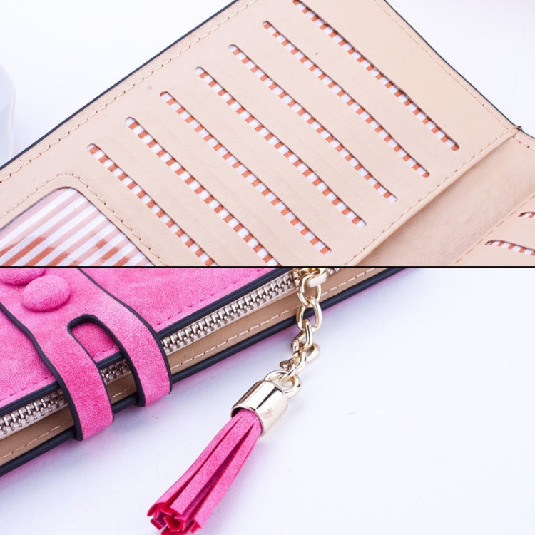 Long zip wallet interior with striped card slots and pink tassel on zipper