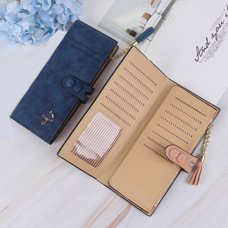 Long zip wallet open with card slots, striped pockets, and umbrella charm tassel