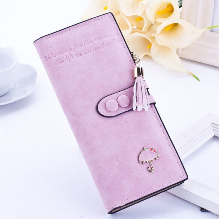 Long zip wallet in light purple with umbrella emblem and tassel zipper pull