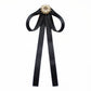 Black ribbon bow tie collar accessory with faux pearl flower center