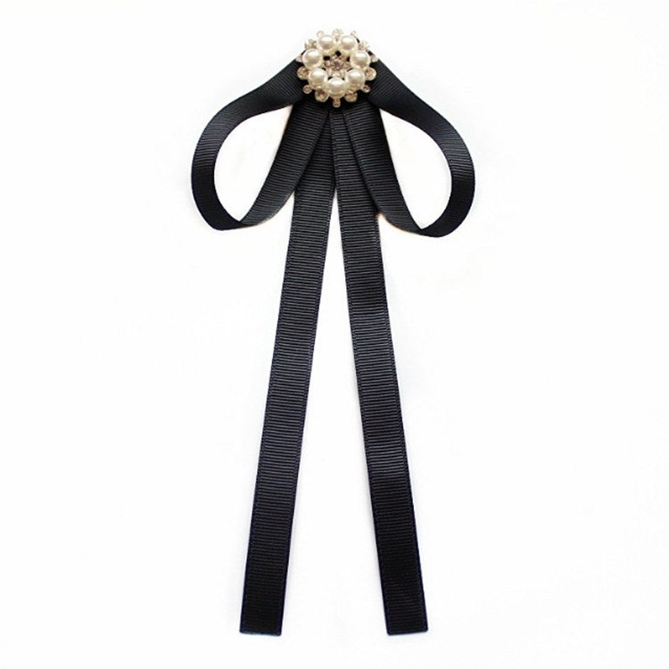 Black ribbon bow tie collar accessory with faux pearl flower center