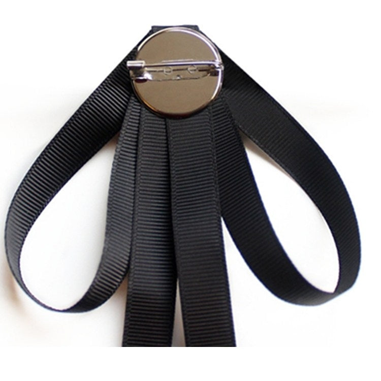 Black ribbon bow tie collar accessory with faux pearl cluster and round pin