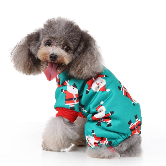 Teal holiday pet onesie with snowman print and red cuffs, pet sitting and looking forward
