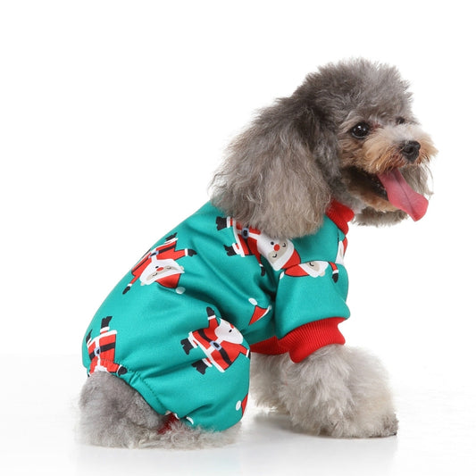 Teal Christmas pet outfit with snowman print and red ribbed cuffs, pet sitting