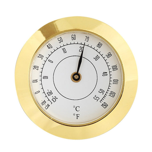 Gold 38mm analog hygrometer dial with temperature (°C/°F) scale and pointer