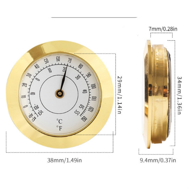 Gold 38mm analog hygrometer with labeled dimensions and slim side profile