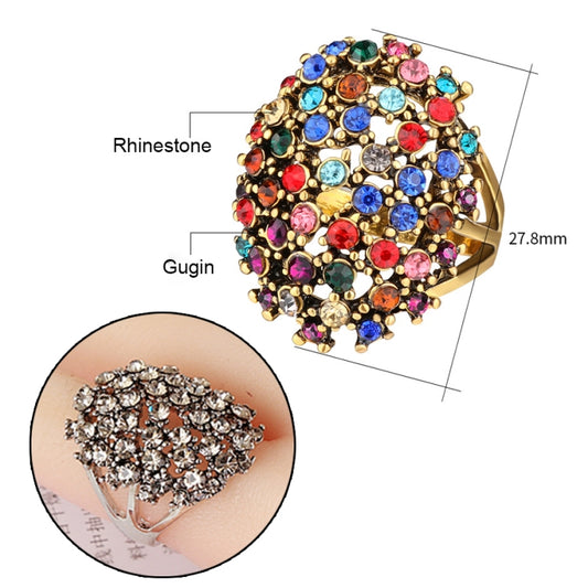 Multi-color rhinestone cluster ring diagram with rhinestone and gugin labels