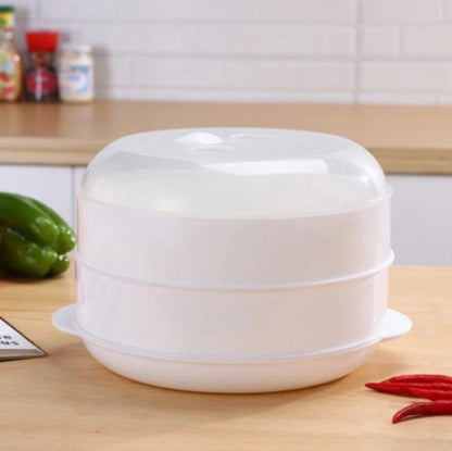 White microwave steamer cooker with domed lid and base, single unit