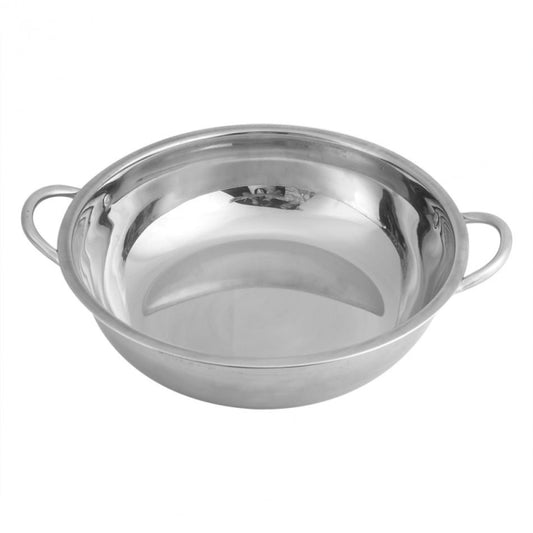 Stainless steel soup pot with two loop handles, rounded sides, shiny reflective interior