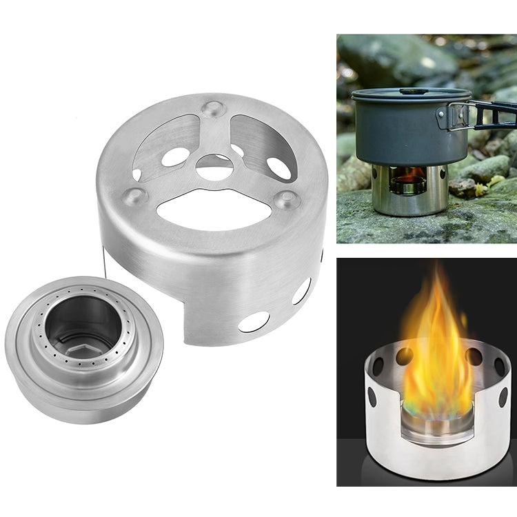 Portable stainless steel alcohol stove with vented windscreen and burner base