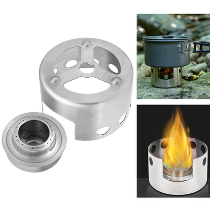 Portable stainless steel alcohol stove with vented windscreen and burner base
