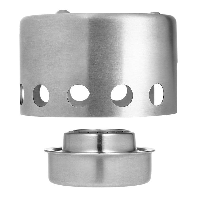 Stainless steel stove cup with circular vent cutouts and alcohol burner insert
