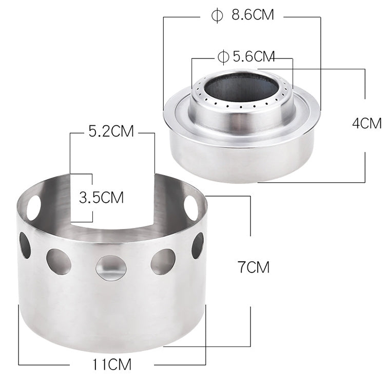 Stainless steel mini alcohol stove diagram showing burner, windscreen, and sizes
