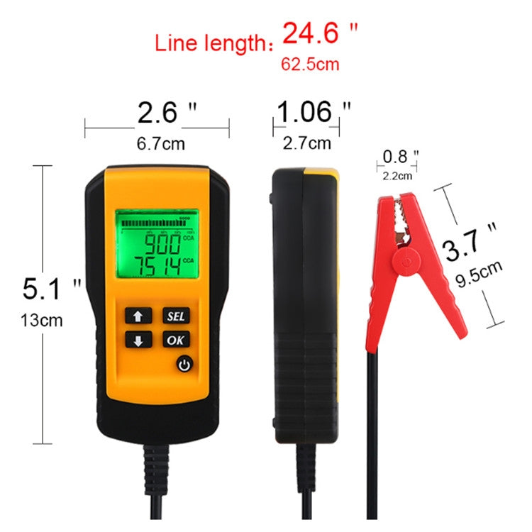 AE300 12V battery tester with red and black alligator clip probes, size view