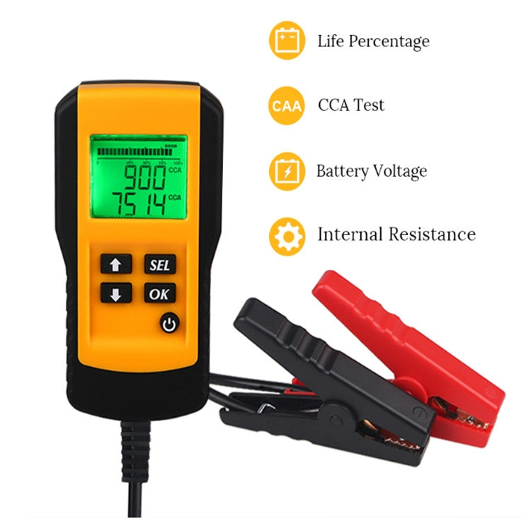 AE300 12V battery tester with green LCD and red/black clamp test leads