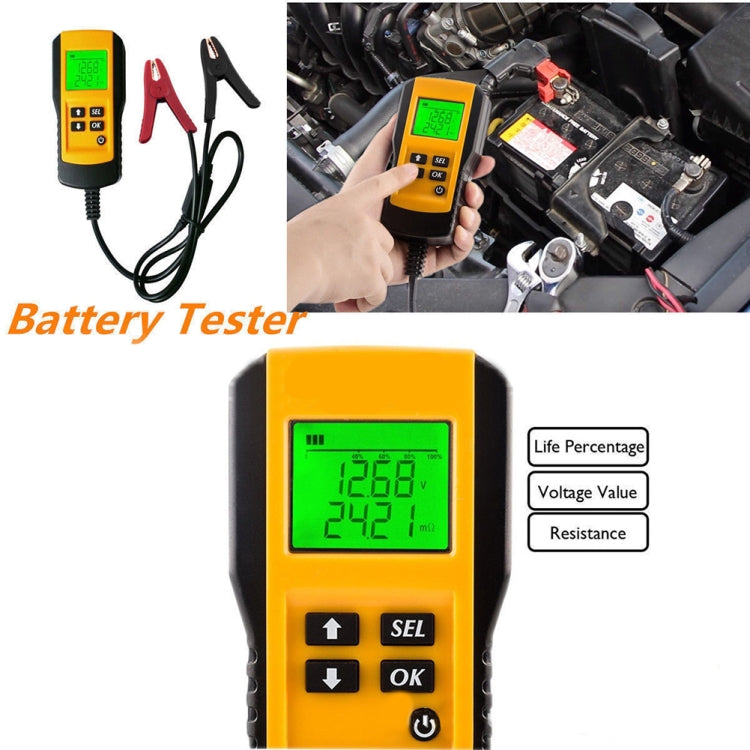 AE300 12V battery tester held in hand with red and black clamp leads