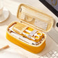 Open mesh pencil case with zipper, yellow shell displaying pens, scissors, and markers