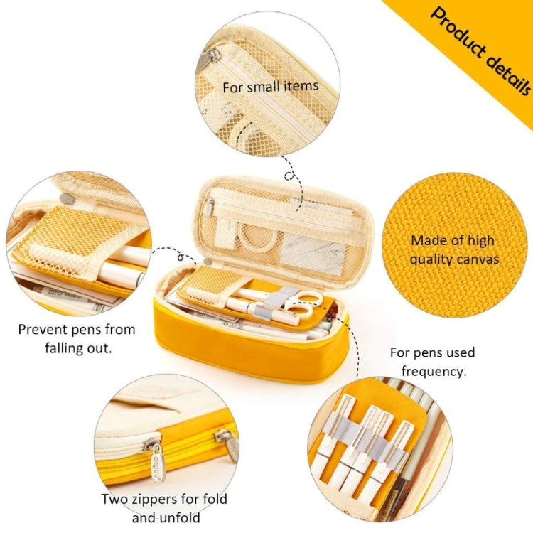 Canvas pencil case with mesh front, two zippers, and an interior stationery organizer