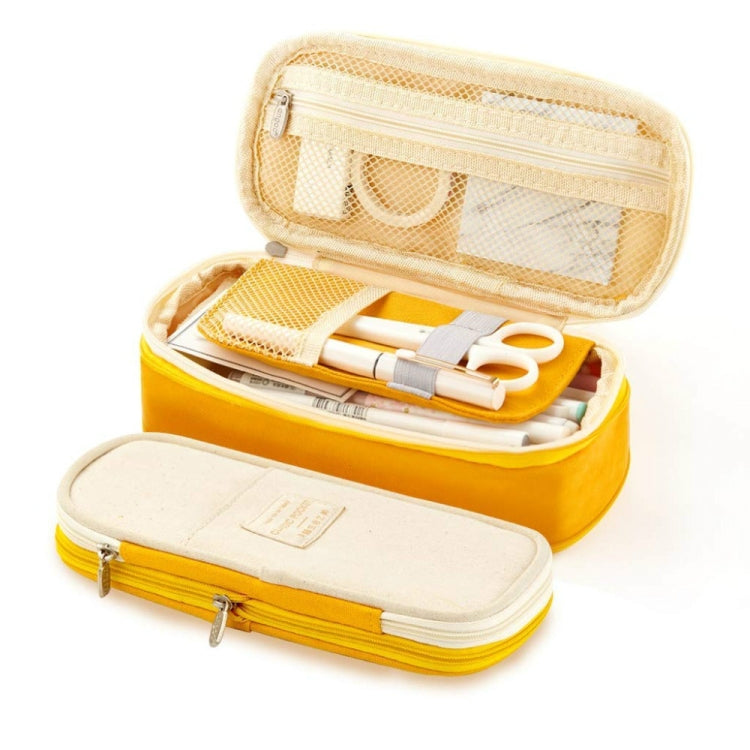 Off-white and yellow zip pencil case, open mesh section for pens and stationery
