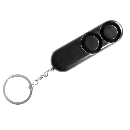 Safety personal alarm keychain, black dual-button housing with metal chain and key ring.