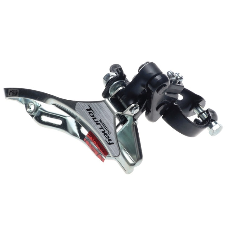 SHIMANO TY300 front derailleur with black bracket and silver clamp hardware