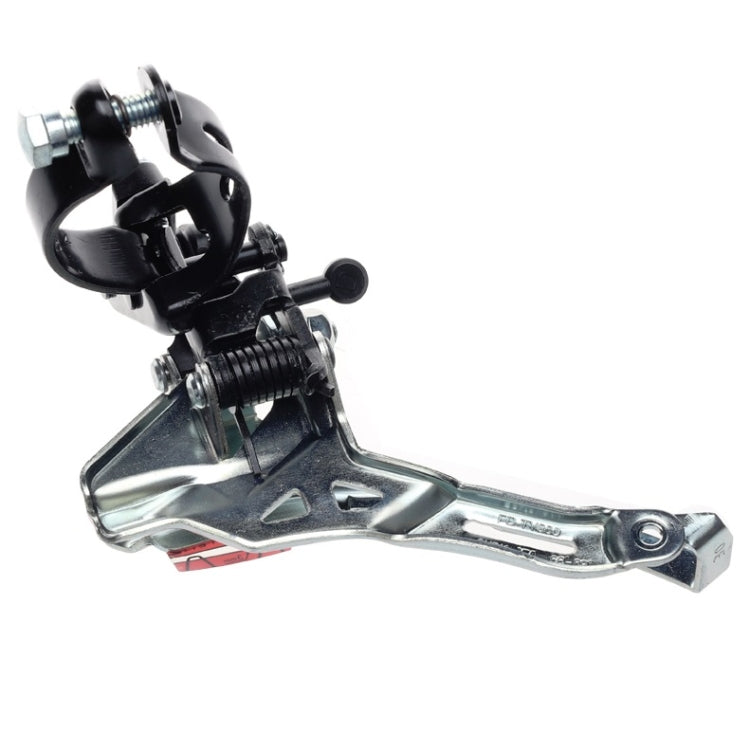 Front derailleur with black mounting bracket and silver cage plate