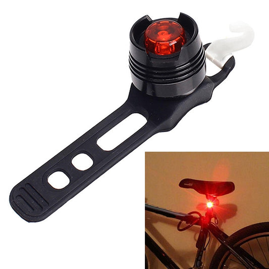 Bicycle rear LED tail light with red lens, black mounting bracket and clip
