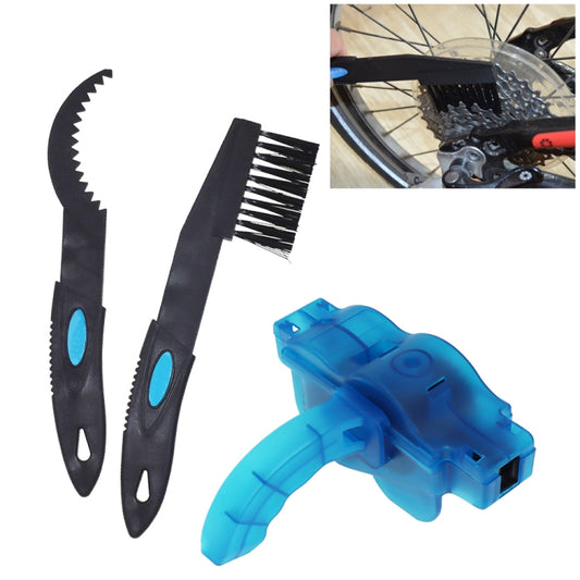 Cycling chain cleaner tool set with two black brushes and blue scrubber