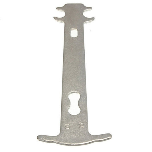 Metal bike chain wear gauge with vertical bar and top and bottom hooks for fit checking