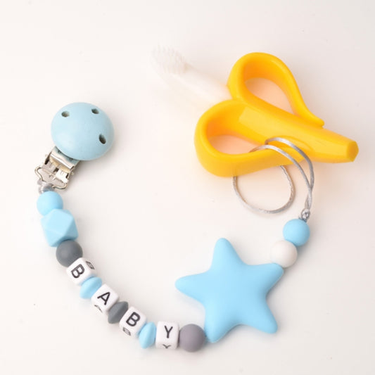 Baby pacifier clip chain with yellow clip, light blue star, and alphabet bead segments