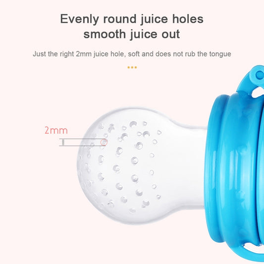White baby fruit feeder nipple with small round juice holes and blue cap