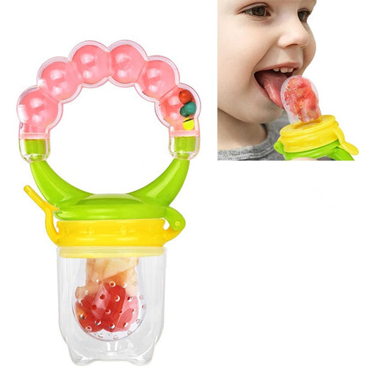 Baby fruit feeding bottle with pink handle, green mouthpiece, yellow latch and strawberry insert