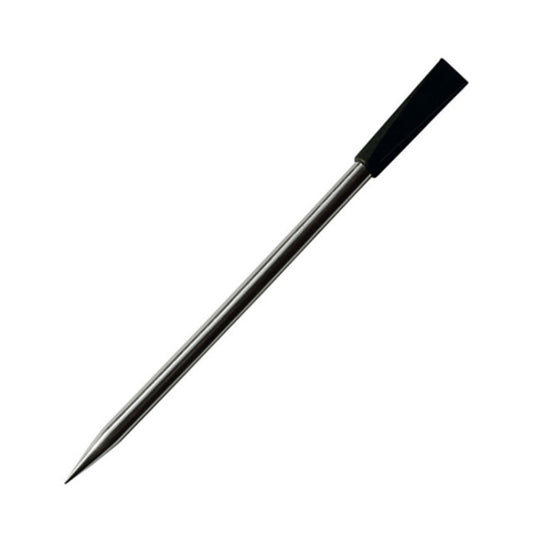 Stainless steel food thermometer probe with black handle and pointed tip
