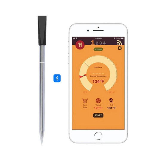Wireless Bluetooth food thermometer with phone app display showing temperature settings