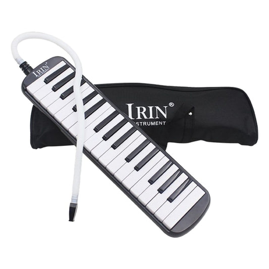 Black 32-key melodica with white mouth tube and soft carry case