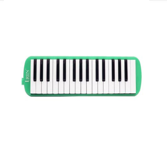 Green 32-key melodica with black and white keyboard on a rounded case
