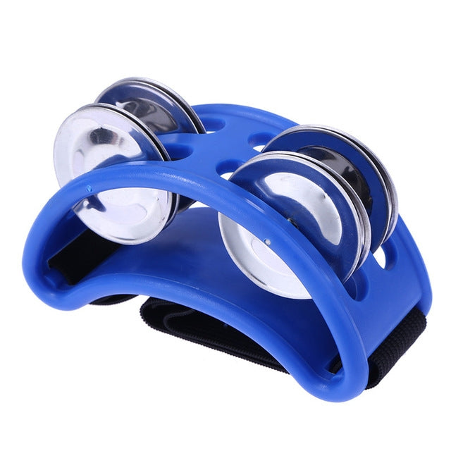 Blue aluminum percussion cajon foot bell with three chrome tone discs and strap