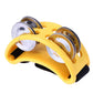 Yellow aluminum percussion cajon foot bell with three chrome tone discs and strap