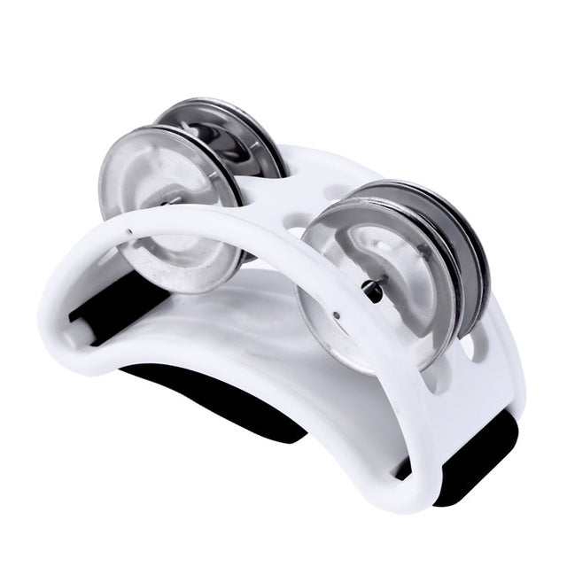 White aluminum percussion cajon foot bell with three chrome tone discs and strap