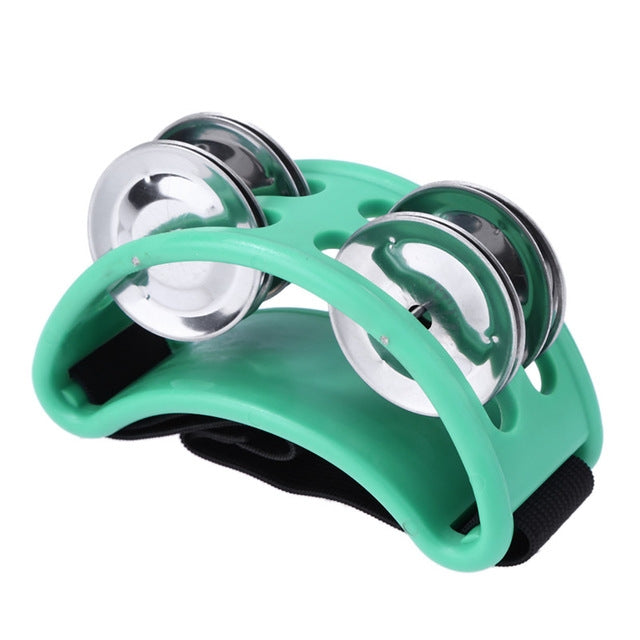 Green aluminum cajon foot bell with two chrome jingles and strap pad