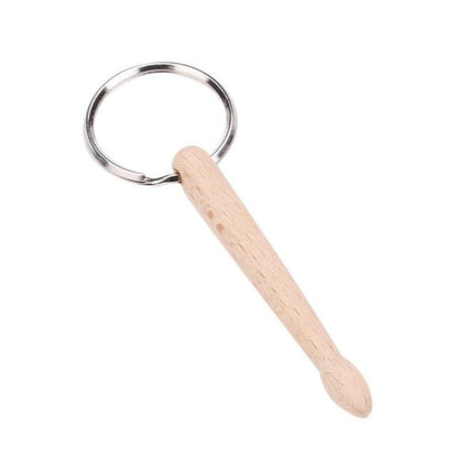 Beech wood mini drumstick keychain with silver metal round ring