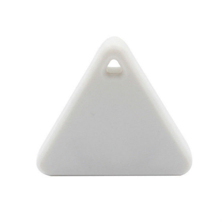 Light gray triangular Bluetooth locator tag with a keychain-style hole
