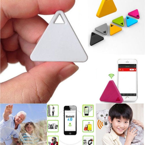 Triangular locator tag held in hand, with smartphone app displayed