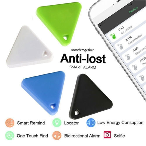 Triangular Bluetooth locator tag set in green, blue, black, and white