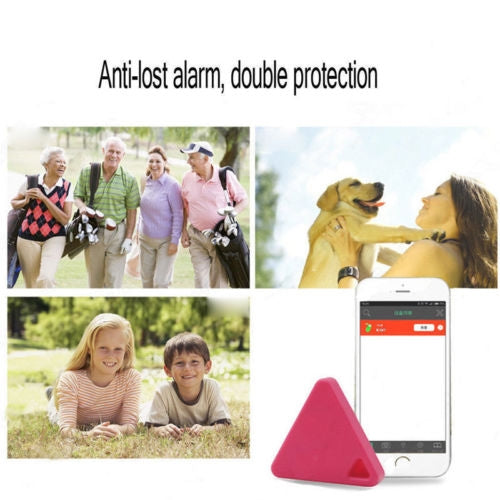 Pink triangular Bluetooth locator tag with a keychain-style hole