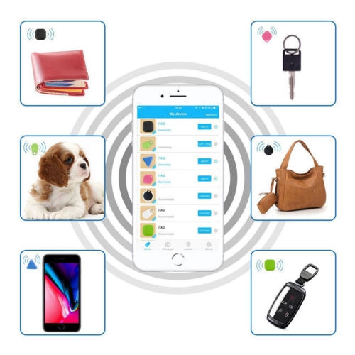 Triangular Bluetooth locator tag shown with app control icons