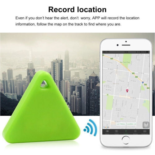 Green triangular Bluetooth locator tag with wireless signal indicator